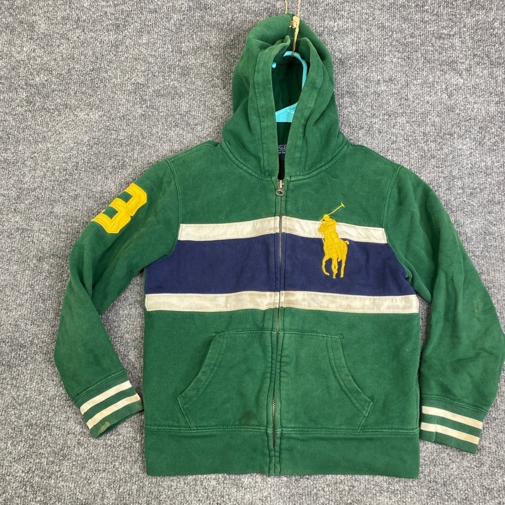 Polo Ralph Lauren Kids Big Pony Full Zip Hoodie Green Navy Stripe Size S 8
